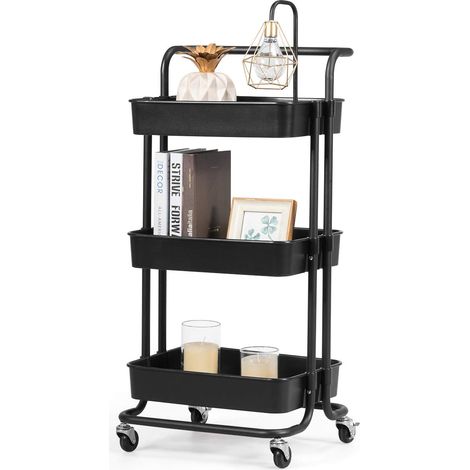 Carrello con 3 cesti e Maniglia, Carrello Multifunzione con Ruote, 87 x 35 x 42 cm, Nero/Bianco (Nero) (1/5)