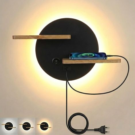 Applique Murale Chambre avec Interrupteur 3 Température LED Lampe de Chevet avec Port de Charge USB et Plateau Applique Liseuse 9W Lampe Murale en Bois pour Salon Bureau Hôtel, Noir (1/5)