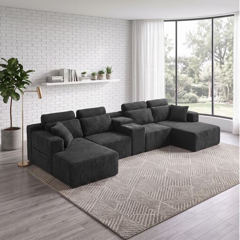 Canapé panoramique modulable en U en velours côtelé gris foncé, assise profonde, accoudoirs larges, doubles porte-gobelets intégrés et dossiers amovibles – CHICFURN (1/5)