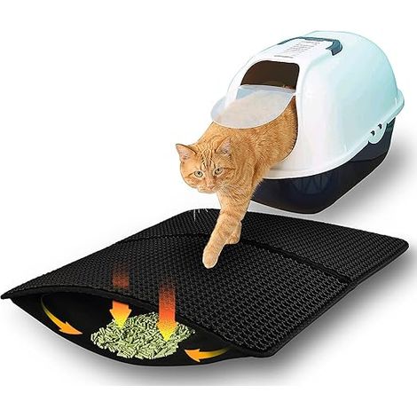 Pliable Tapis de Litière pour Chat, Double Couche en Nid d'abeille Tapis de Plateau de Litière pour Chat, EVA Imperméable Antidérapant Tapis Litiere d'alimentation pour Chat, noir, 55x70cm (1/5)