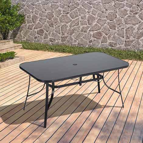 Garden Glass Top Rectangle Table With Umbrella Hole, 150CM