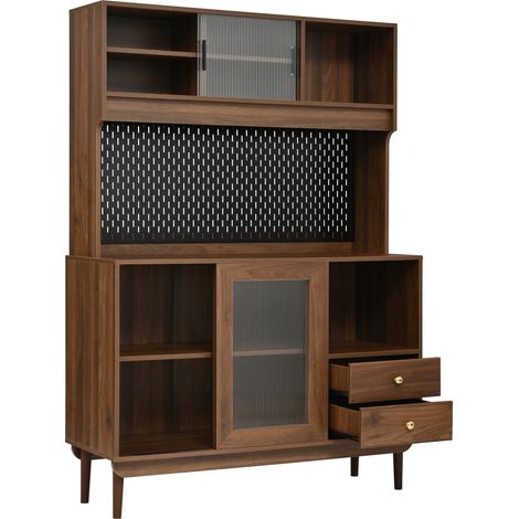 Buffet de cuisine avec portes coulissantes en verre strié, meuble de rangement cuisine noyer 117x30x170cm (1/5)
