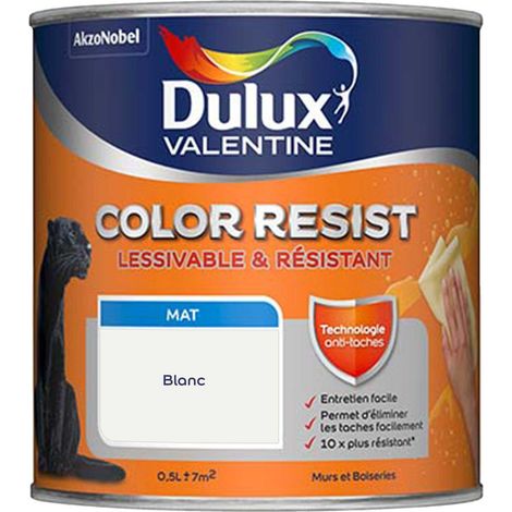 Peinture bicouche intérieure Color Resist Murs et Boiseries Mat Blanc Pur 0,5 L - Dulux Valentine