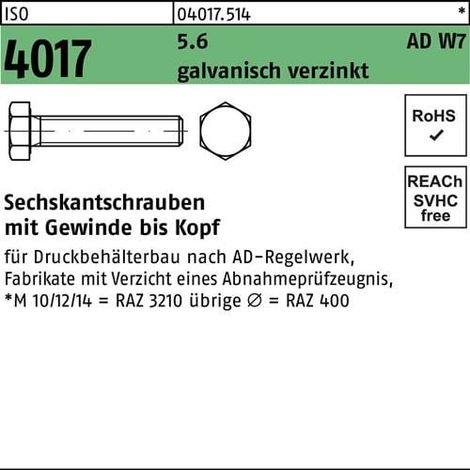 Tornillo hexagonal ISO 4017 VG M8x 50 5.6 AD W7 galvanizado 200 piezas