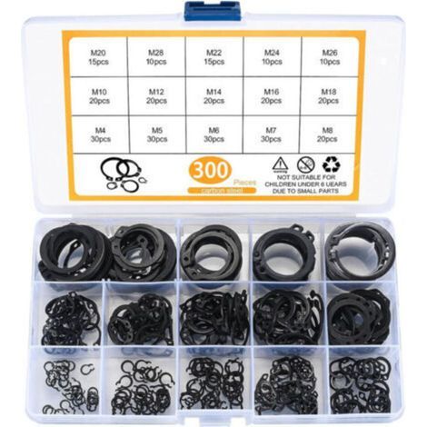 Kit de 300 circlips assortis M4-M28 – Anneaux de retenue externe – Pour roulements, arbres et pièces mobiles – Rangement pratique (1/4)