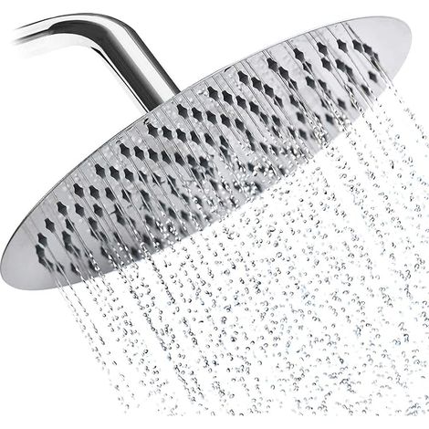 Pommeau de douche rond mince de 20 cm (8 pouces) en acier inoxydable 304, à pression d'eau réduite et à effet miroir. (1/5)