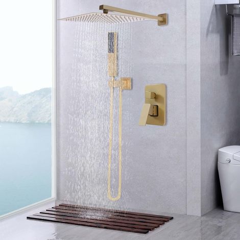 Ensemble de douche encastré de 30 cm - Or brossé - Ensemble de douche de salle de bain - Douche à effet pluie - Douchette à effet pluie - 2 fonctions - Mitigeur de douche de luxe pour maison et (1/5)