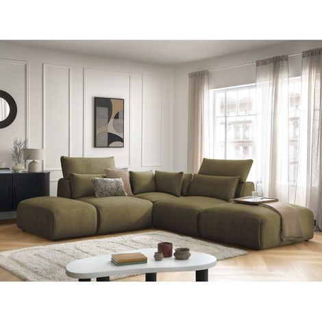 BOBOCHIC - Canapé d'angle fixe modulable avec têtières JANA tissu velours avec 2 chauffeuses, 1 angle et 2 poufs Réversible  Vert