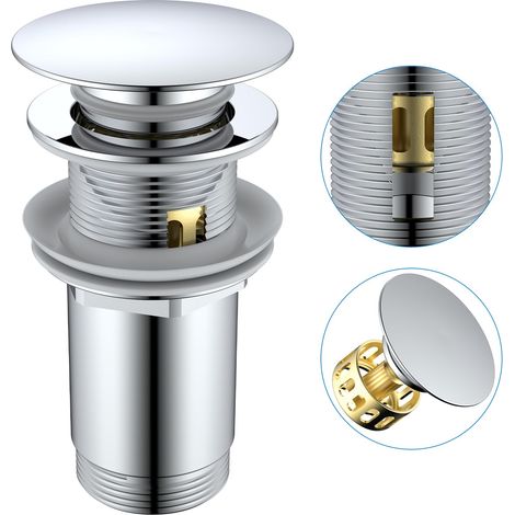 Bonde de Lavabo avec/sans Trop-Plein, Bonde Clic Clac avec Panier Filtrant, Bouchon de Vidange Pop-Up for Salle de Bain, Universel G 1 1/4, Chromé, Argent (1/5)