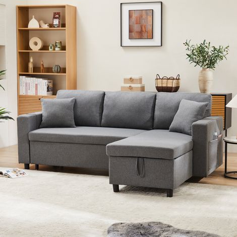 Canapé d'angle convertible 219,5x142,5x83 cm en tissu gris foncé, rangement salon – MEUBLIV (1/5)