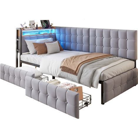 CHICFURN Lit banquette convertible gris 90 x 200 avec tiroirs LED et ports USB Type C (1/5)