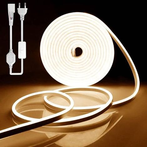 2M LED Strip, 220 V Warm White Flexible LED Strip Light 120 LEDs/M, PVC Cuttable Waterproof IP65 Neon Strip for Indoor Outdoor Decoration, Includes AC Adapter (1/5)