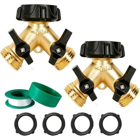 LIULO TOOL Lot de 2 répartiteurs de tuyau d'arrosage en laiton à 2 voies, répartiteur de tuyau en Y de 1,9 cm en laiton robuste, adaptateur de robinet, adaptateur de robinet de tuyau, 2 valves avec (1/5)