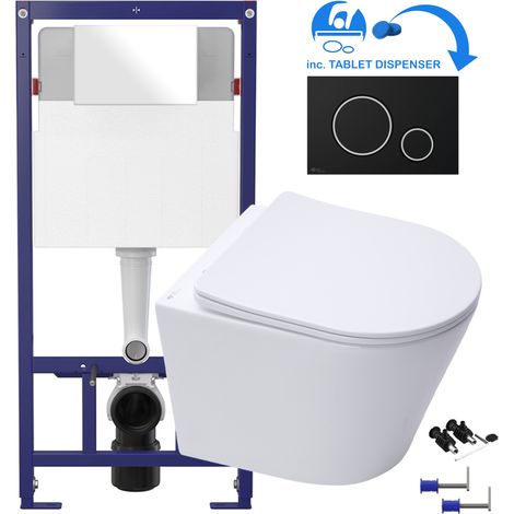 White D Shape Rimless Wall Hung Toilet & 1.12m Concealed WC Cistern Frame Set - Matt Black/Chrome Plate (1/5)