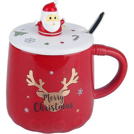 Mug de Noël, tasses à thé de Noël en céramique avec couvercle et cuillère en relief, mugs originaux de 414 ml (14 oz) pour Thanksgiving, Halloween ou Noël (rouge, 7,3 x 8,7 cm) (1/4)