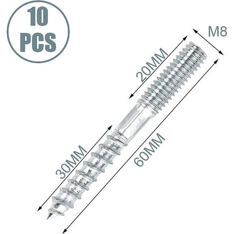 Pack de 10 vis double filetage M8 X 60mm, goujon double filetage, vis de fixation meubles, acier zingué (1/3)