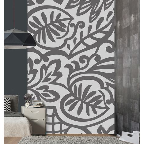 Papier peint intissé gris, motif floral arabesque, 250 cm X 150 cm, panoramique, fond gris. (1/2)