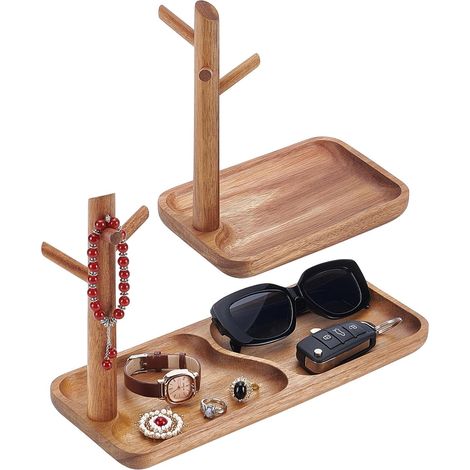 2 x Wooden Key Rings for Entrance Table Solid Wood with Branch Shape Holder Jewellery Tray 2 in 1 for Rings Earrings Necklaces and Watches (1/5)