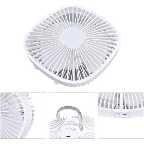 Petit ventilateur portable avec crochets, 4 vitesses et 3 niveaux de luminosité, rechargeable par USB, silencieux et idéal pour le camping et les tentes. Blanc. (1/5)