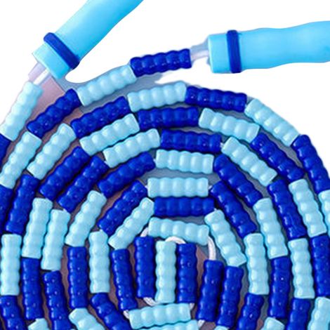 Corde à sauter à poignée confortable, réglable, durable, légère et sûre, avec motif de perles, pour enfants à partir du CP (bleu). (1/5)