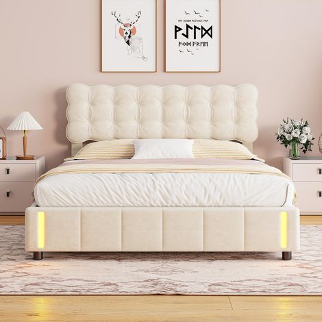 Letto contenitore 140x200 cm - Rete a doghe idraulica - Illuminazione LED con sensore di movimento - Velluto, beige