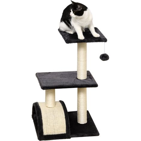 Arbre à chat Klösträd 72 cm gris avec boules en peluche, poteaux en sisal, plateforme, planche à griffer, griffoir multi-niveaux pour chats moyens (1/5)