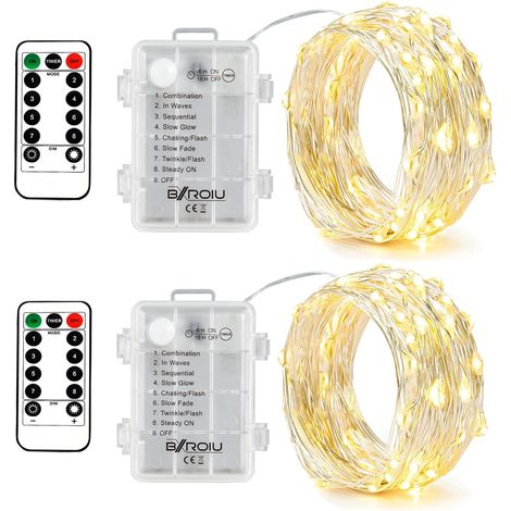 Stück 50 LED-Lichterketten, batteriebetrieben, 5 Meter langes Micro-Silberkabel, 3 AA wasserdichte Batterien, mit Fernbedienung, 8 Programme (Warmweiß) [Energieklasse A+++]