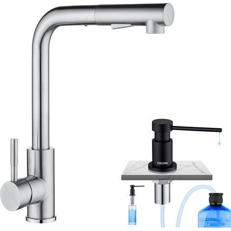 Cecipa Grifos de Cocina Extraíble Acero cepillado sin manchas + Dispensador de Jabón de Cocina con Contenedor de 300 ML Negro