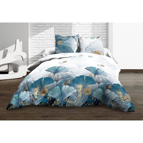 Parure de lit 220x240 cm – Housse de couette + 2 taies – 100% coton 57 fils – Imprimé ginko bleu – Le Linge De Jules