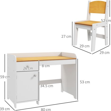 Table et chaise d'écolier en bois blanc avec tiroirs et placards, convenant aux enfants de 3 à 6 ans. (1/5)
