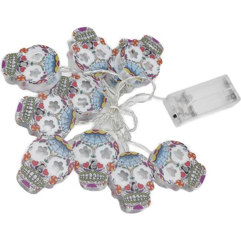 LED-Totenkopf-Lichterkette, 10 LEDs, Halloween-Dekoration, batteriebetrieben, für drinnen und draußen, gruselige Atmosphäre für Partys, Zuhause und Garten (Batterien nicht enthalten, 10 bedruckte Köpf (1/5)