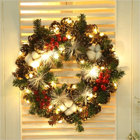 Couronne de Noël lumineuse 40cm avec pommes de pin et baies rouges, décoration de porte d'entrée intérieur/extérieur, déco de Noël pour maison (1/5)