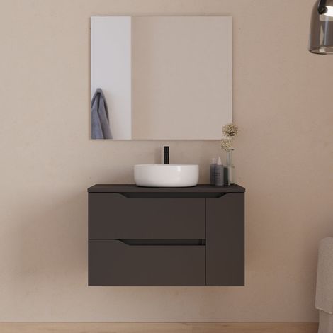 Meuble de salle de bain 80cm avec plateau, vasque à poser centrée Ares et miroir - 2 tiroirs et un placard - noir - ZARZA