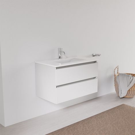 Inda - Badezimmerschrank 2 Schubladen L.80 mit quadratischem Waschbecken - Weißer Ledereffekt (1/5)