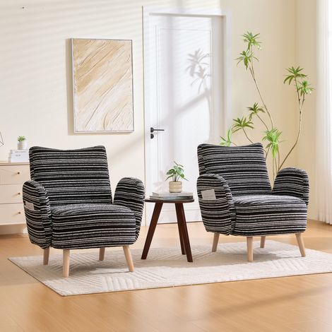 Moderner Sessel aus Bouclé in Schwarz 77 x 81 x 87 cm mit Seitentasche und Holzbeinen (1/5)