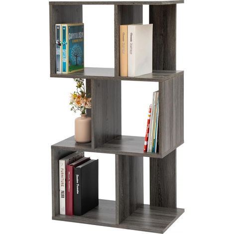 Bibliothèque murale à niveaux, Meuble en forme S, 3 Etagères, Modulable, kit de fixation murale, Cloison séparateur, Bureau, Chambre, Salon - Display Shelf  Chêne gris (1/5)