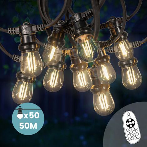 Guirlande Guinguette 50M 50 Bulbes Filament Blanc Chaud avec Variateur de Luminosité et Télécommande - Guirlande Lumineuse Ampoule E27 Transparente à Intensité Variable - Guirlande Guinguette Dimmable