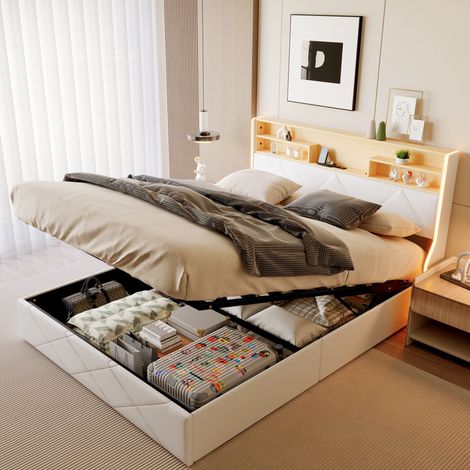 Stauraumbett 160x200 cm - Polyurethan Doppelbett - mit gepolstertem Kopfteil - verstellbarem LED-Licht - USB-Ladeanschluss - Hydraulik-Stauraum und Holztrennwand - Beige