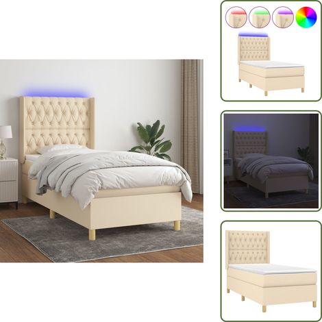Sommier à lattes de lit matelas et LED Crème 90x190 cm Tissu - Sommier Tapissier - Lit Plateforme - Lit Avec Rangement - Tête De Lit Ajustable - Éclairage Led (1/5)