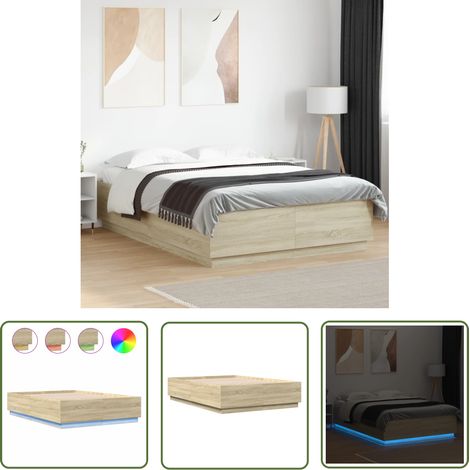 The Living Store Bettgestell mit LED Sonoma-Eiche 160x200 cm Holzwerkstoff - Holzbettfassad - Bettsystem - Beleuchtung Im Schlafzimmer - Modernes Bett - Doppelbett (1/5)