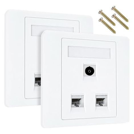 Lot de 2 prises réseau à 3 ports - Blanc - 8,5 cm - Module réseau CAT-6 Gigabit + module de signal TV - Plaque murale de type 86 - pour salon, chambre à coucher (1/5)