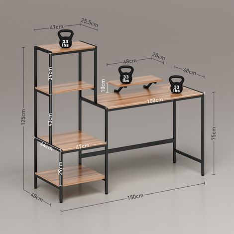 Bureau PC moderne avec support d'écran, porte-tour, étagère imprimante, table informatique 4 niveaux, meuble de travail à domicile, 150 x 48 x 125 cm, couleur chêne (1/5)