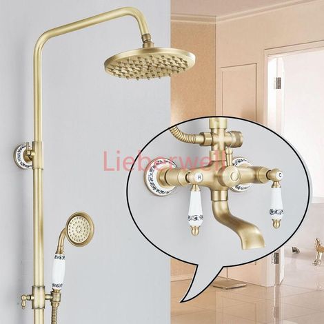 8-Inch Wall SAFLIHCAR Antique Brass Bathroom Shower Faucet Set, Mount Dual Handle Rain Shower Mixer, Hot and Cold, Model SA135, FQT1-Q2 A (1/5)