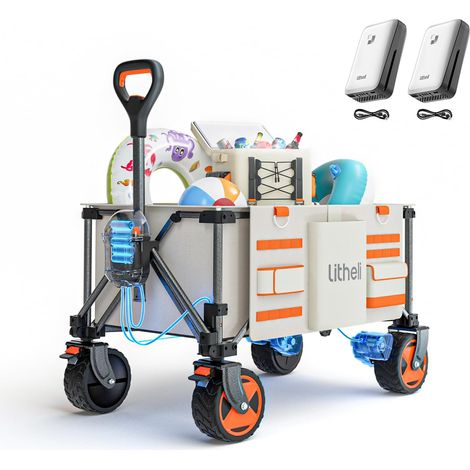 Outdoor-Wagen Elektrokarre Bollerwagen Faltbar, Handwagen Klappbar Doppelmotor mit Bremsen 150L 60KG Belastbar, Faltbollerwagen geeignet für Camping, Garten, Strand, Einkauf (Beige) Litheli