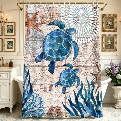 Rideau de douche, 100 x 200 cm, motif tortue de mer, ourlet lesté, anti-moisissure, imperméable, lavable, en tissu polyester, avec 7 œillets et anneaux de rideau de douche, pour salle de bain, (1/5)