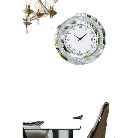 Horloge Murale, Design Rond, Diamants Écrasés Étincelants, Argent (1/2)