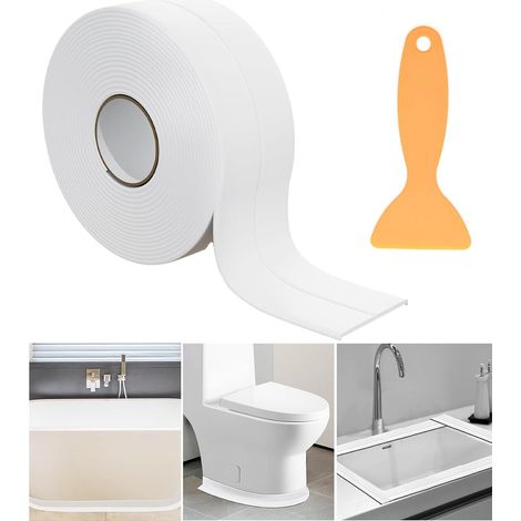 Bande d'étanchéité auto-adhésive - 1 rouleau - PVC blanc imperméable - Protection contre l'humidité - Salle de bain et cuisine - 3,2 m x 38 mm (1/5)