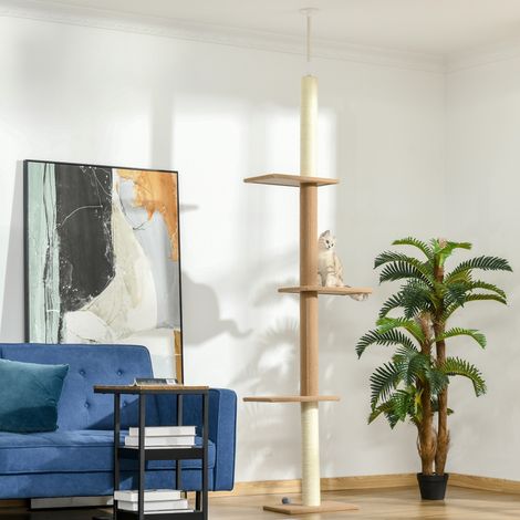 Arbre à chat plafond 228-260 cm en panneaux de bois khaki, modulable pour salon FloraGrace (1/5)