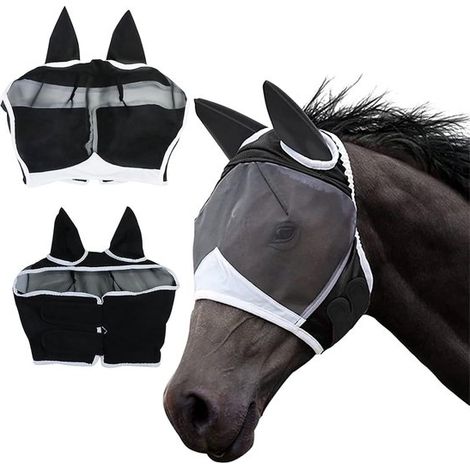 Máscara antimoscas para caballos，cómoda y elástica en la zona de los ojos，Negra (L) (1/5)