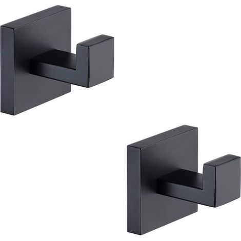 2-Piece Square Hook Set in 304 Stainless Steel for Bathroom with Matte Towel Rail and Door Hook for Hats, Bathroom Accessories, Screwless, Black (1/5)